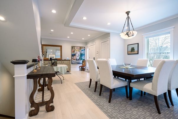 Dining room, Interior, Pendant Lights, Recessed Lighting, Wood Texture Flooring