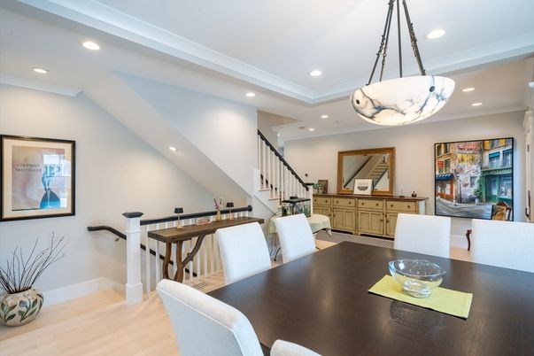 Dining room, Interior, Pendant Lights, Recessed Lighting, Wood Texture Flooring