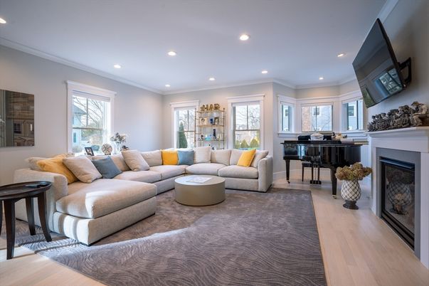 Fireplace, Interior, Living room, Piano, Recessed Lighting, Wood Texture Flooring