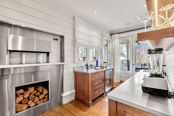 Fireplace, Interior, Kitchen, Recessed Lighting, Stainless Steel Appliances, Wood Texture Flooring