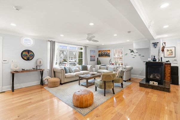 Fireplace, Interior, Living room, Recessed Lighting, Wood Texture Flooring
