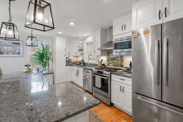 Interior, Kitchen, Pendant Lights, Recessed Lighting, Stainless Steel Appliances, Wood Texture Flooring