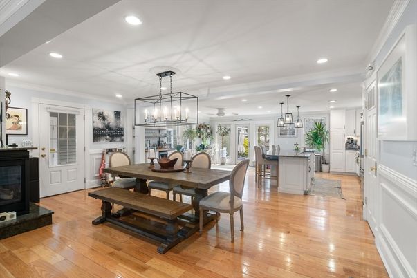 Chandelier, Dining room, Fireplace, Interior, Kitchen, Pendant Lights, Recessed Lighting, Wood Texture Flooring