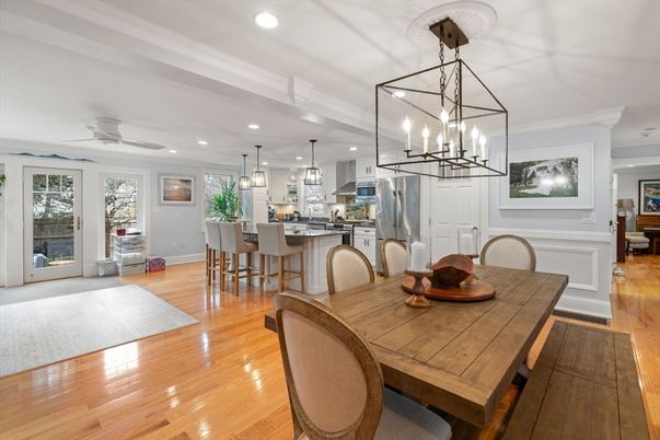 Dining room, Interior, Kitchen, Pendant Lights, Recessed Lighting, Stainless Steel Appliances, Wood Texture Flooring