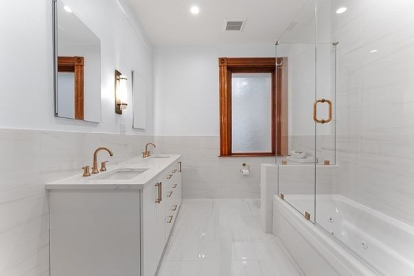 Bathroom, Dual Sink Vanities, Glass Shower, Interior, Marble, Recessed Lighting