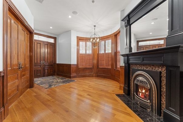 Fireplace, Interior, Pendant Lights, Recessed Lighting, Wood Texture Flooring