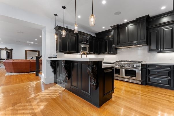 Interior, Kitchen, Living room, Pendant Lights, Recessed Lighting, Stainless Steel Appliances, Wood Texture Flooring