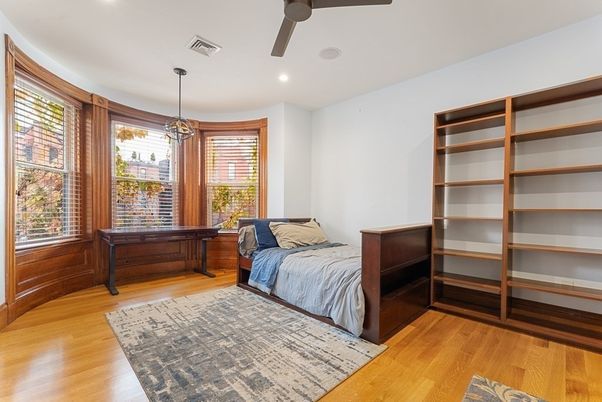 Bedroom, Interior, Pendant Lights, Recessed Lighting, Wood Texture Flooring
