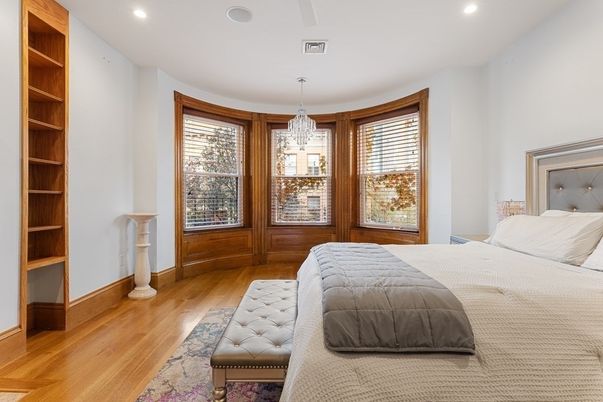 Bedroom, Chandelier, Interior, Recessed Lighting, Wood Texture Flooring