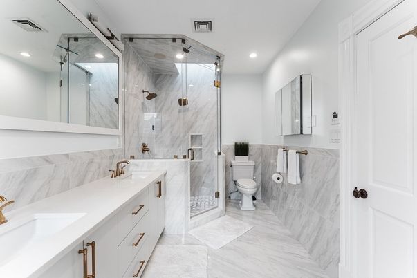 Bathroom, Dual Sink Vanities, Glass Shower, Interior, Marble, Marble Walls, Recessed Lighting