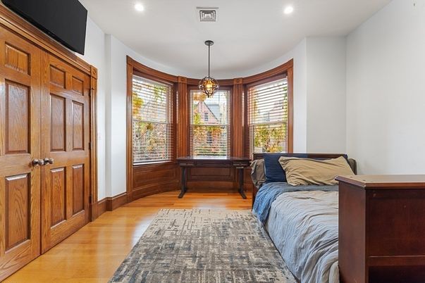 Bedroom, Interior, Pendant Lights, Recessed Lighting, Wood Texture Flooring