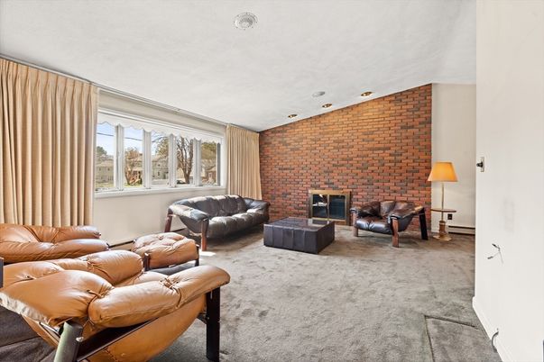 Fireplace, Interior, Living room, Recessed Lighting, Stone Walls