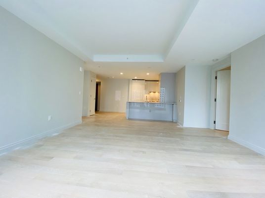 Empty room, Interior, Kitchen, Pendant Lights, Recessed Lighting, Wood Texture Flooring