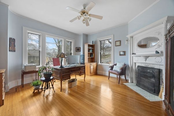 Fireplace, Home Office, Interior, Wood Texture Flooring