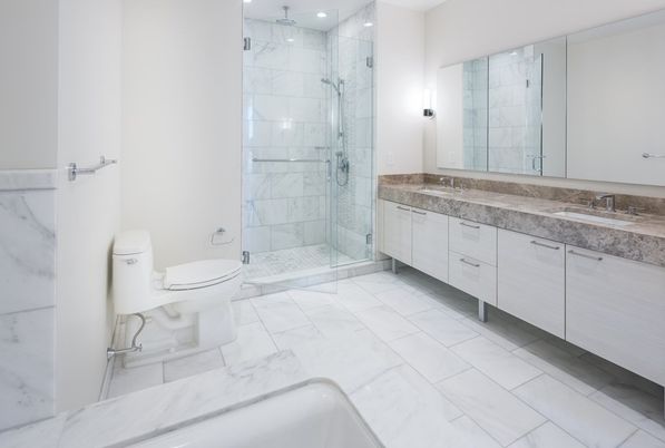 Bathroom, Dual Sink Vanities, Glass Shower, Interior, Marble, Marble Walls, Recessed Lighting