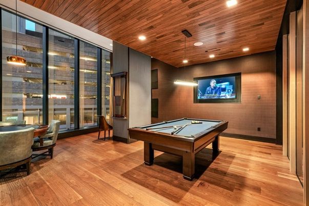 Billiard Table, Game Room, Interior, Pendant Lights, Recessed Lighting, Wooden Ceilings, Wood Texture Flooring