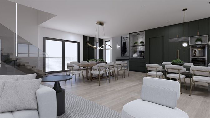 Dining room, Interior, Pendant Lights, Recessed Lighting, Wood Texture Flooring