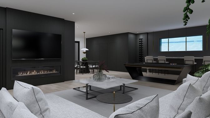 Dining room, Fireplace, Interior, Living room, Pendant Lights, Recessed Lighting, Wood Texture Flooring