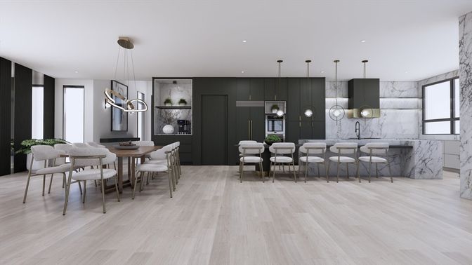 Dining room, Interior, Marble Walls, Pendant Lights, Recessed Lighting, Wood Texture Flooring