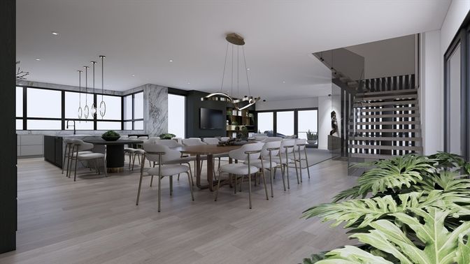 Dining room, Interior, Pendant Lights, Recessed Lighting, Wood Texture Flooring