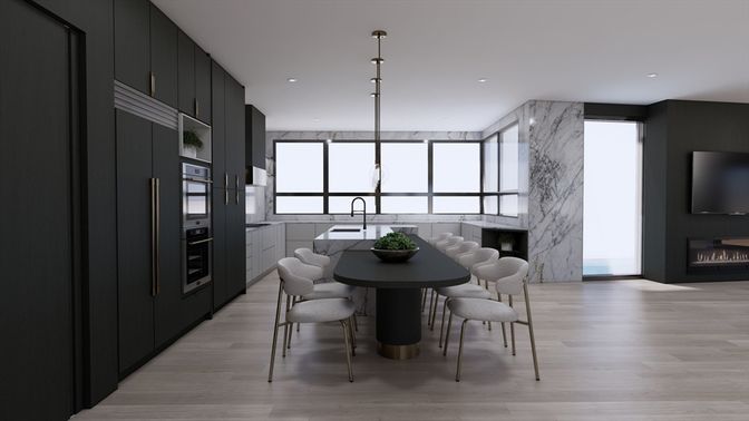 Dining room, Fireplace, Interior, Marble Walls, Recessed Lighting, Wood Texture Flooring