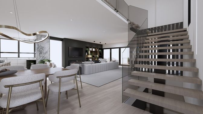 Dining room, Fireplace, Interior, Living room, Pendant Lights, Recessed Lighting, Wood Texture Flooring