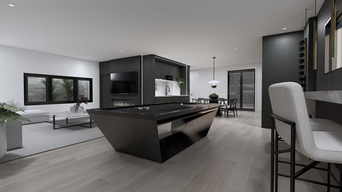 Billiard Table, Dining room, Fireplace, Game Room, Interior, Living room, Pendant Lights, Recessed Lighting, Wood Texture Flooring