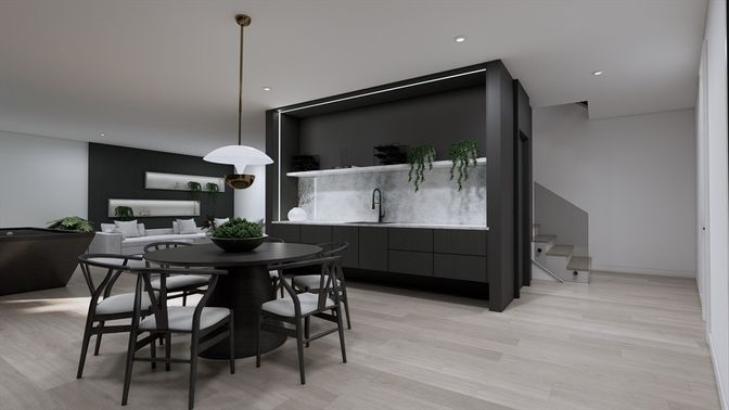 Dining room, Interior, Pendant Lights, Recessed Lighting, Wood Texture Flooring
