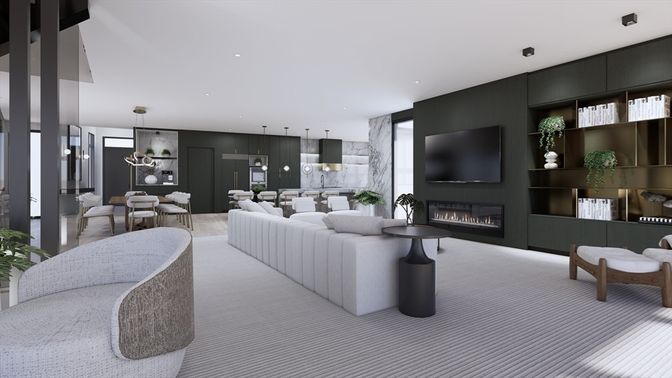 Dining room, Fireplace, Interior, Living room, Pendant Lights, Recessed Lighting