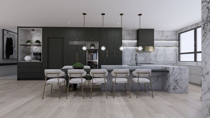 Interior, Marble Walls, Pendant Lights, Recessed Lighting, Wood Texture Flooring