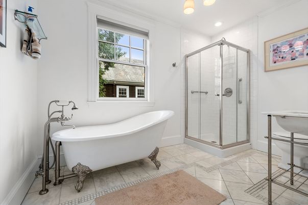 Bathroom, Free Standing Baths, Glass Shower, Interior, Recessed Lighting