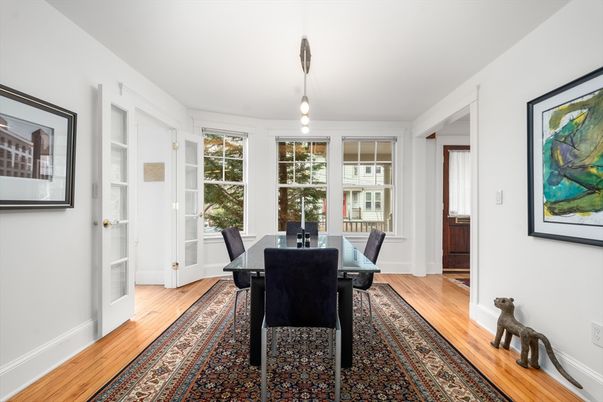 Dining room, Interior, Pendant Lights, Wood Texture Flooring