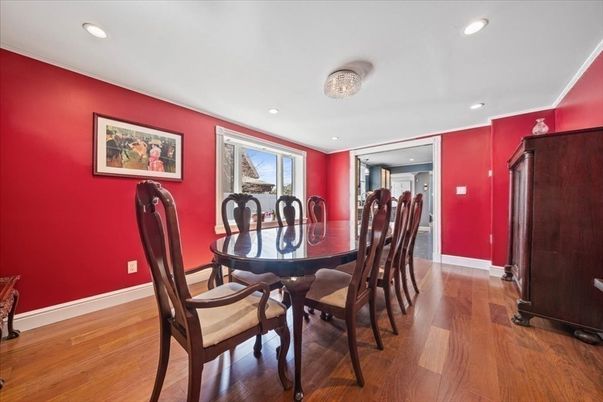Dining room, Interior, Recessed Lighting, Wood Texture Flooring