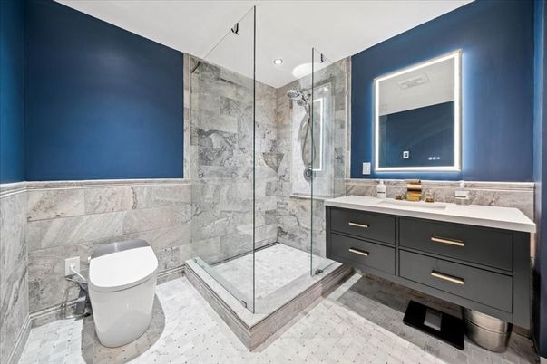 Bathroom, Glass Shower, Interior, Marble Walls, Recessed Lighting