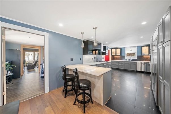 Interior, Kitchen, Pendant Lights, Recessed Lighting, Stainless Steel Appliances, Wood Texture Flooring