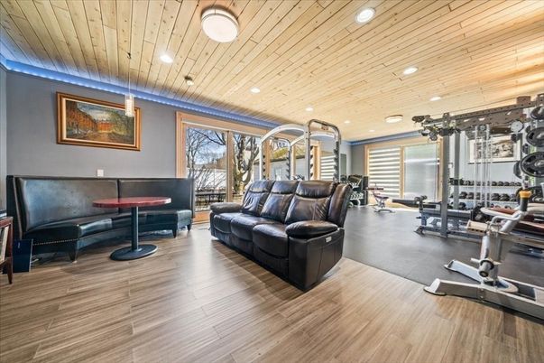 Fitness Equipment, Interior, Recessed Lighting, Wooden Ceilings, Wood Texture Flooring