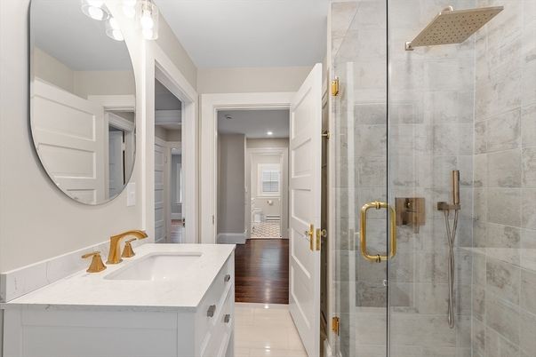 Bathroom, Glass Shower, Interior, Recessed Lighting, Wood Texture Flooring