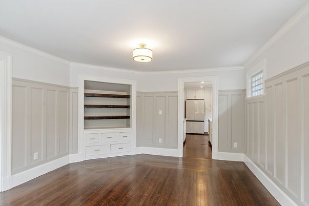 Empty room, Interior, Kitchen, Stainless Steel Appliances, Wood Texture Flooring