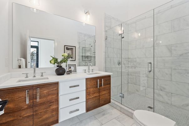 Bathroom, Dual Sink Vanities, Glass Shower, Interior, Marble Walls