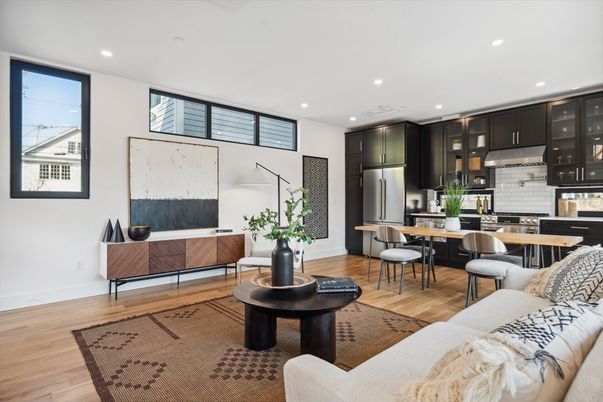 Dining room, Interior, Kitchen, Living room, Recessed Lighting, Stainless Steel Appliances, Wood Texture Flooring