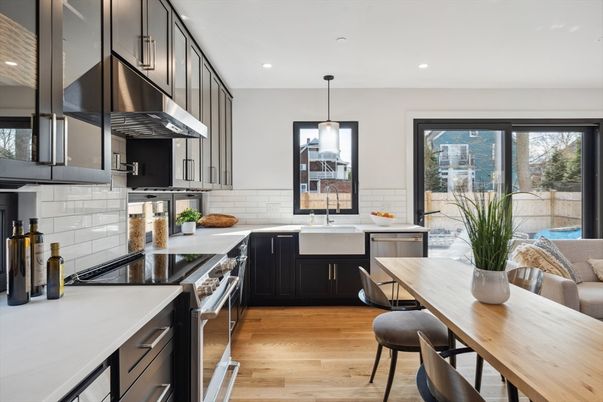 Dining room, Interior, Kitchen, Pendant Lights, Recessed Lighting, Stainless Steel Appliances, Wood Texture Flooring