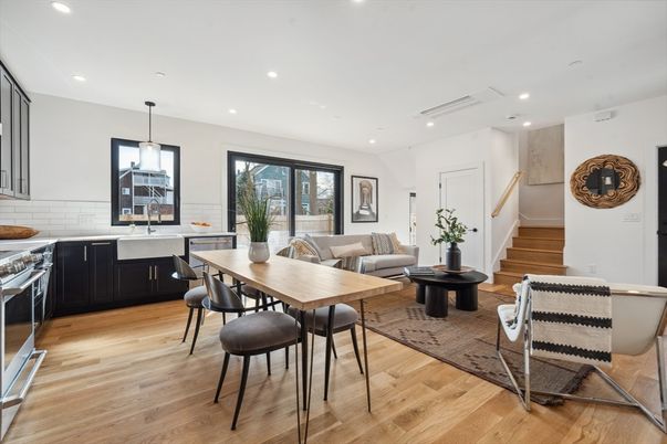 Dining room, Interior, Kitchen, Living room, Pendant Lights, Recessed Lighting, Stainless Steel Appliances, Wood Texture Flooring