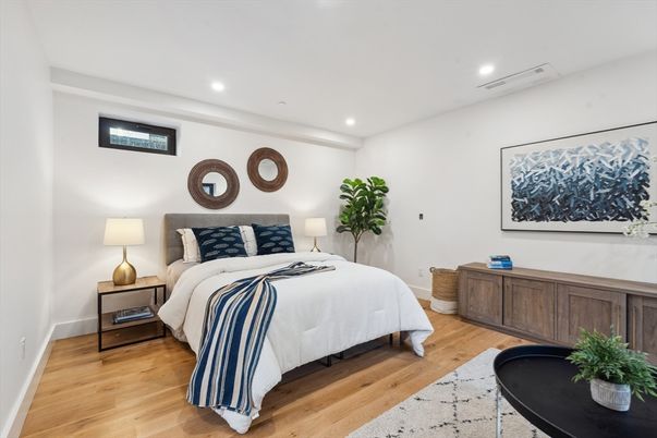 Bedroom, Interior, Recessed Lighting, Wood Texture Flooring
