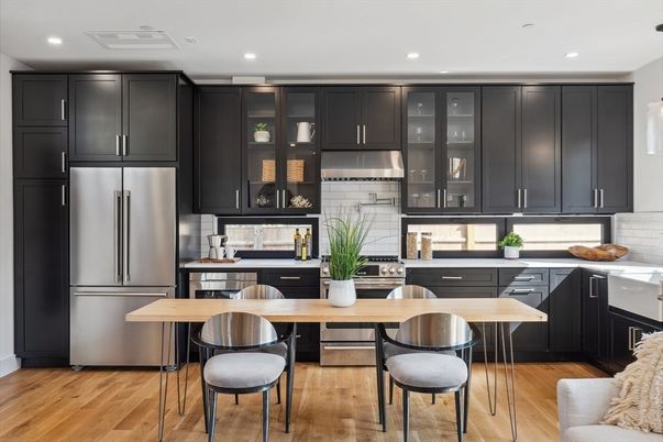 Dining room, Interior, Kitchen, Recessed Lighting, Stainless Steel Appliances, Wood Texture Flooring