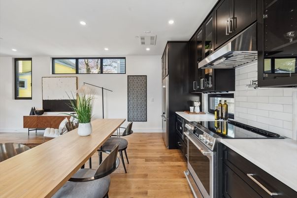 Dining room, Interior, Kitchen, Recessed Lighting, Stainless Steel Appliances, Wood Texture Flooring