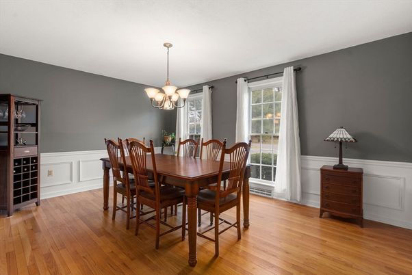 Chandelier, Dining room, Interior, Wood Texture Flooring