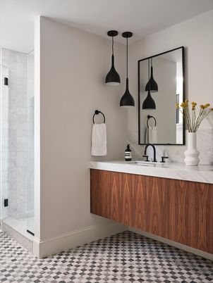 Bathroom, Glass Shower, Interior, Marble Walls, Pendant Lights