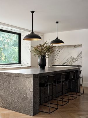 Interior, Marble Walls, Pendant Lights, Wood Texture Flooring