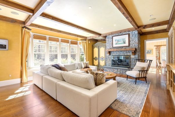 Fireplace, Interior, Living room, Recessed Lighting, Wooden Beams, Wood Texture Flooring