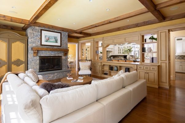Fireplace, Interior, Living room, Recessed Lighting, Stone Walls, Wooden Beams, Wood Texture Flooring